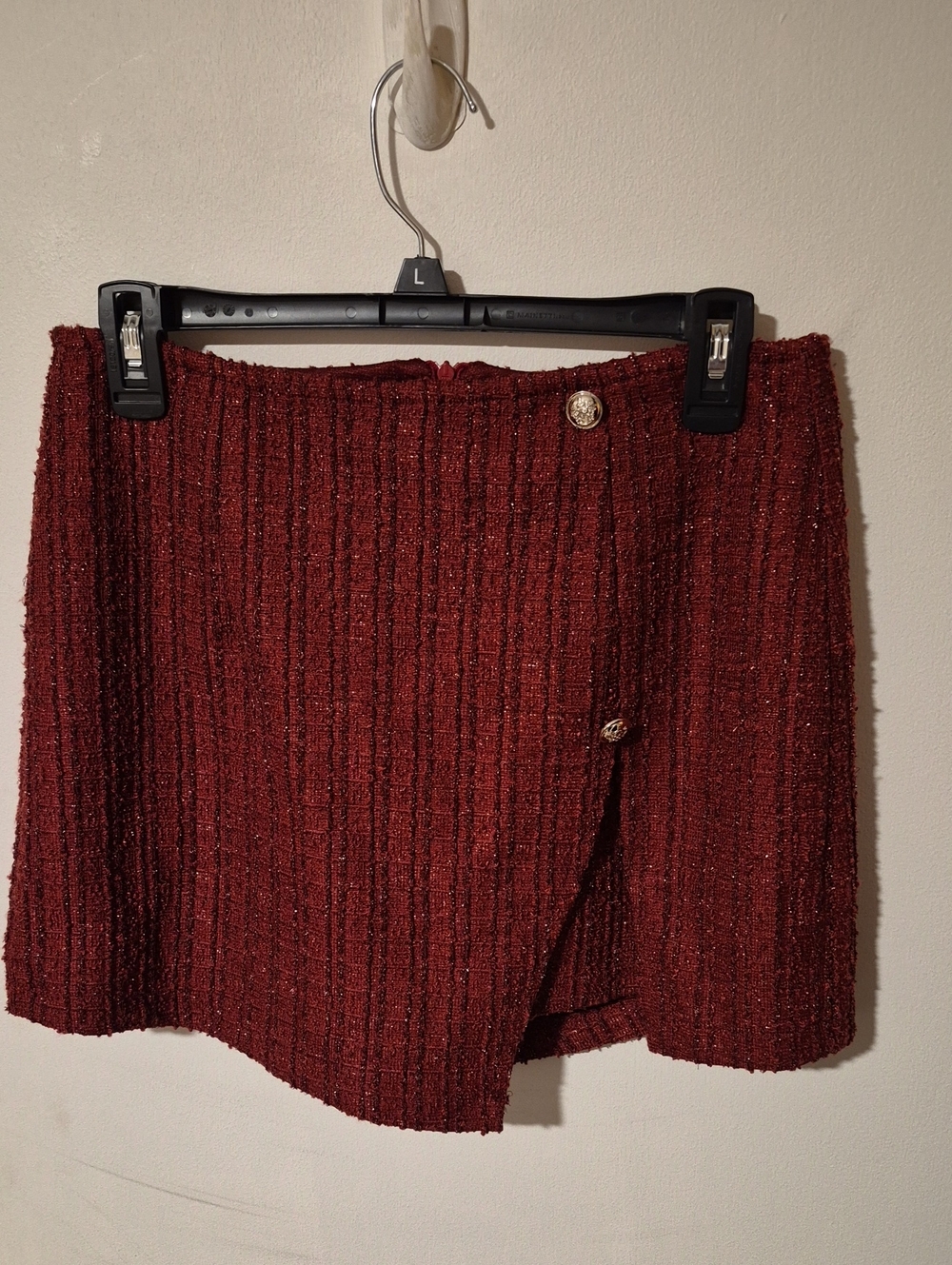 SHEIN Metallic Thread Ribbed Wrap Mini Skirt - Burgundy